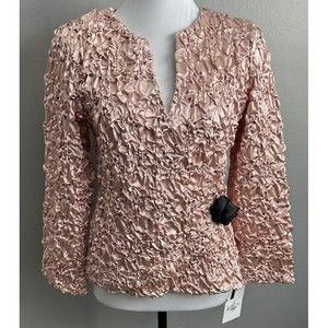 NEW NWT Womens CACHE Pink Sequin Faux Wrap Dressy Top Rose Accent Blouse Sz M